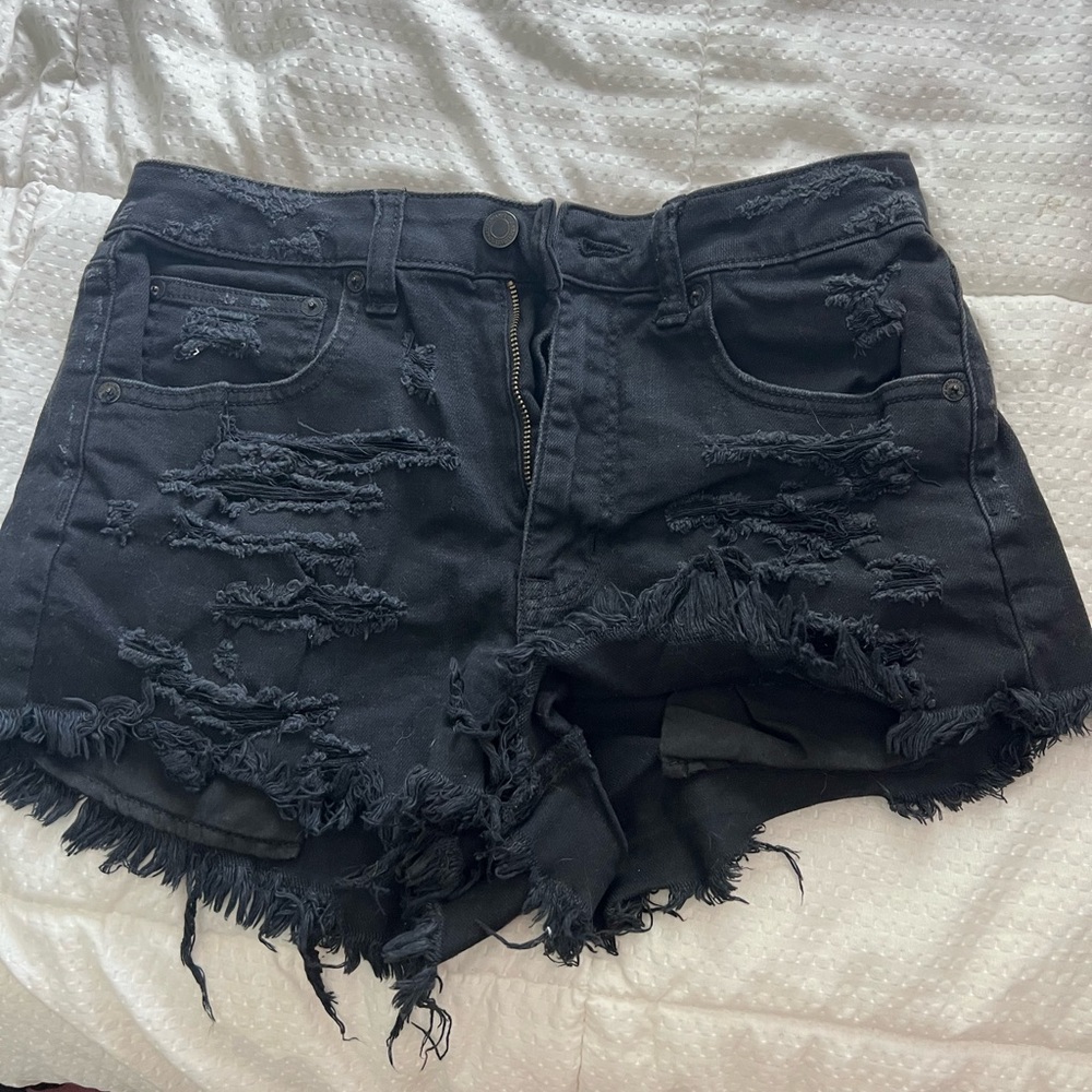 American Eagle Black Jean Shorts Distressed Frayed Hem